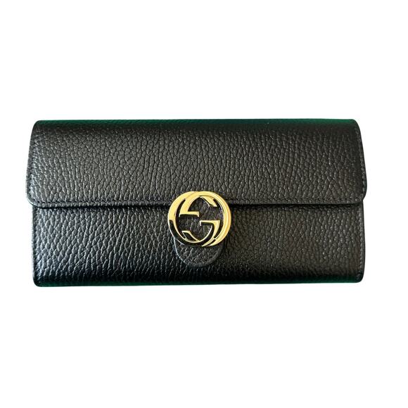 Gucci Interlocking G Long Wallet Black Leather Silver 100% Authentic - Picture 1 of 14